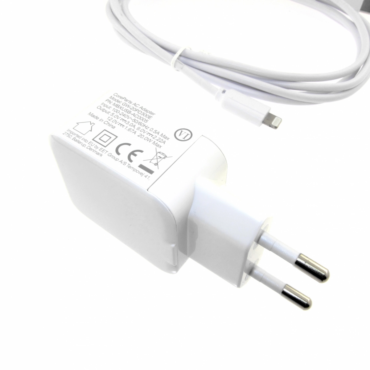 MTXtec USB-C Netzteil Power Charger 20W Steckernetzteil Schnellladegerät EU Wallplug iPhone und iPad Lightning Kabel weiss