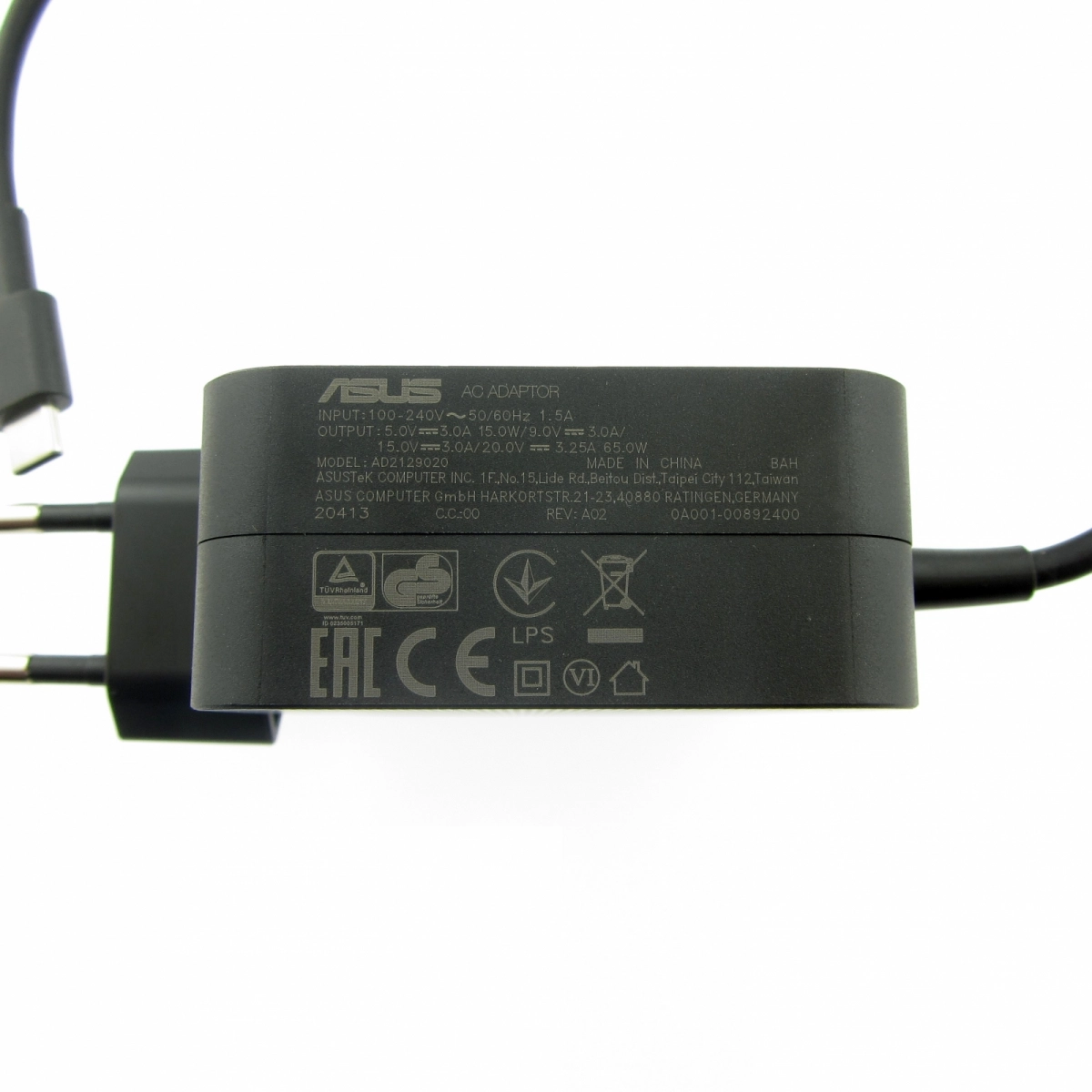 ASUS AC65-00 Adapter/EU/BK/Type C Original USB-C Netzteil 65 Watt EU Wallplug