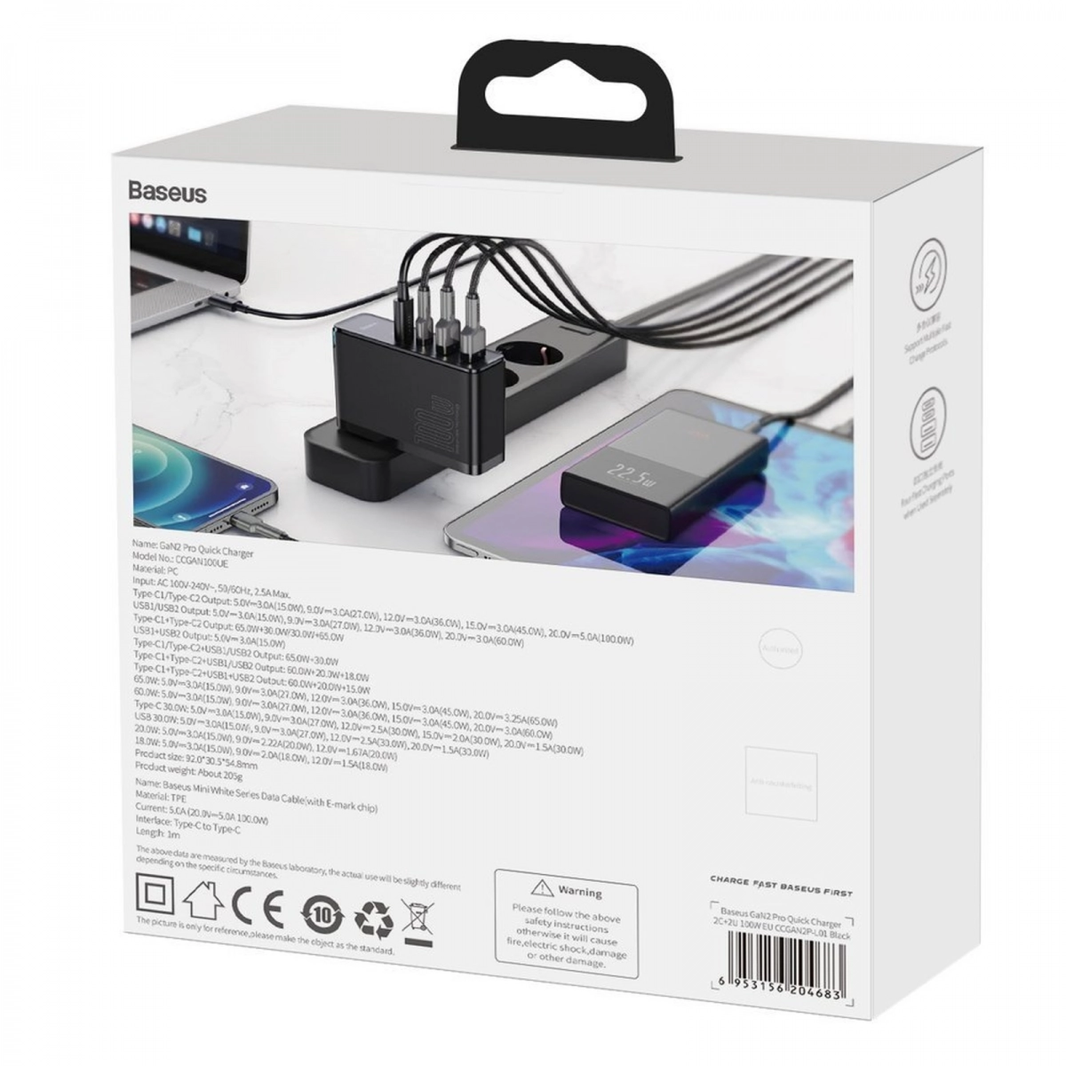 Baseus Schnellladegerät 100 W, PD Netzteil USB C mit GaN II Tech 4-Ports 2USB-C + 2USB-A schwarz