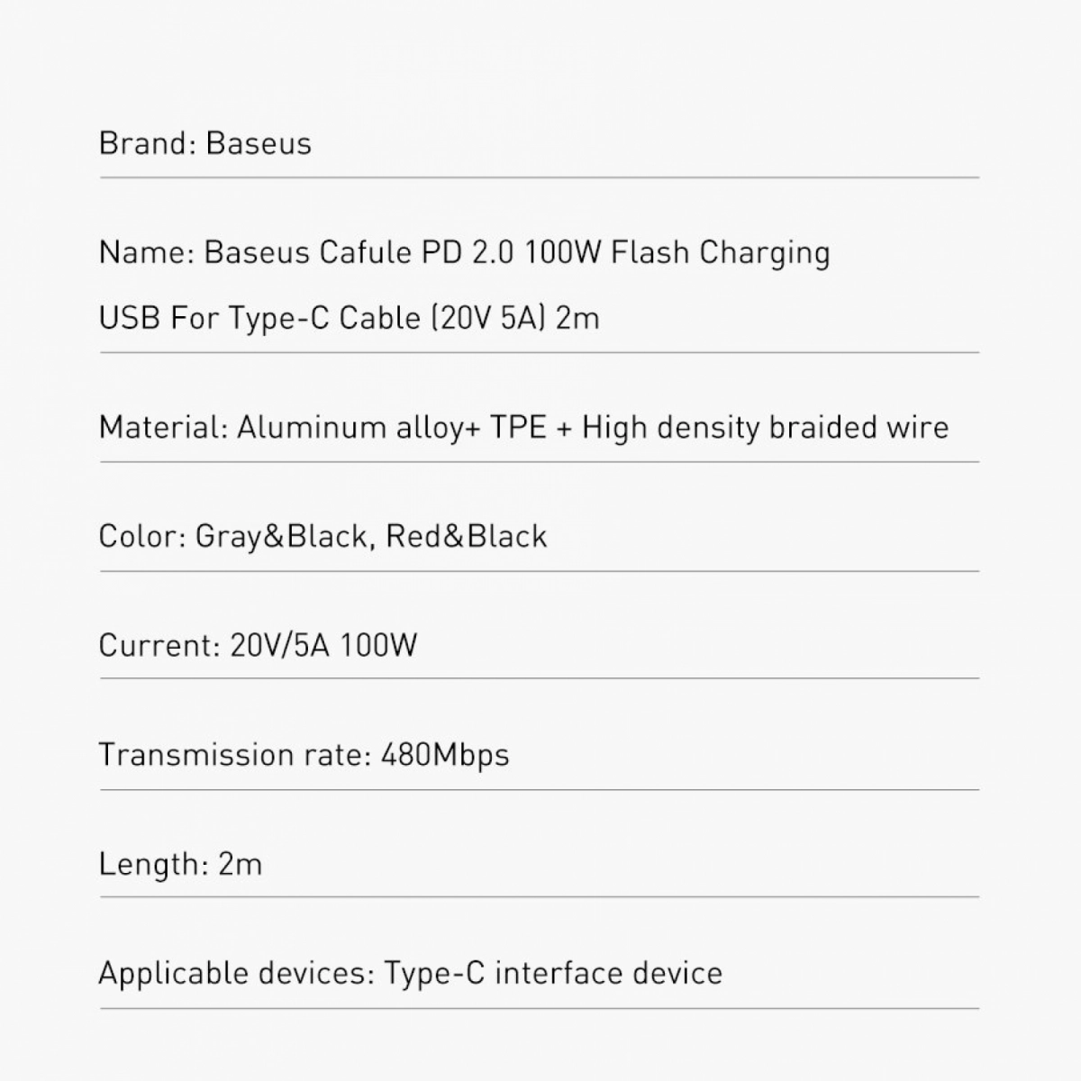 Baseus Cafule PD2.0 Power Delivery 100W Blitzaufladung USB für Type C Kabel (20V 5A) 2m Grau/Schwarz