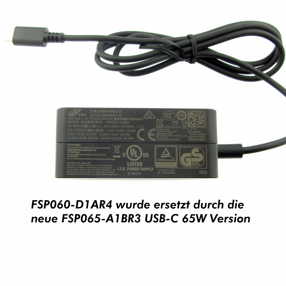 FSP Original Netzteil Typ 9NA0606000, 20V, 3.0A, Stecker USB-C, EU-Version
