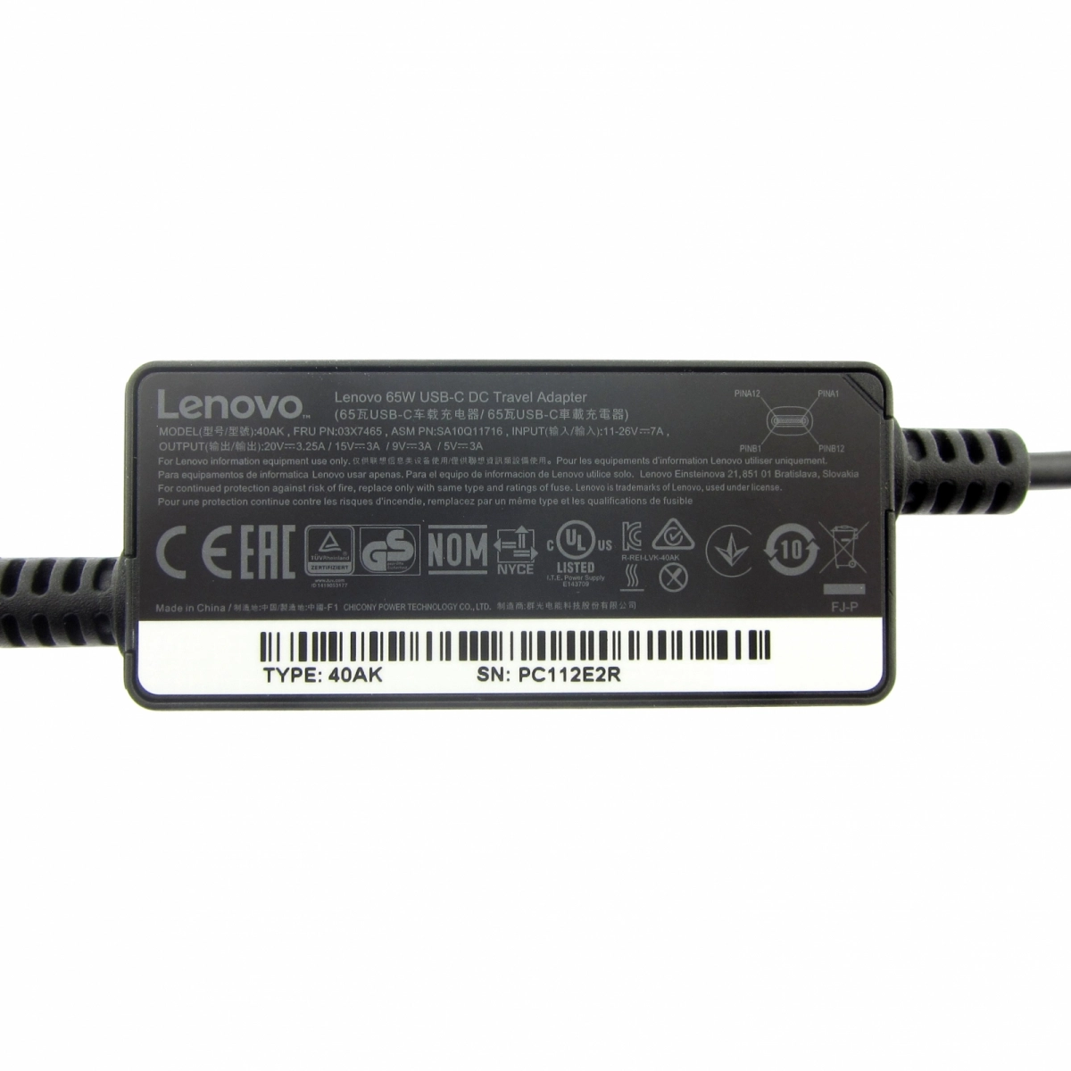 Original PKW-/LKW-Adapter LENOVO 40AK0065WW, 20V, 3.25A, Stecker USB-C, 65W DC Travel Adapter